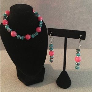 Pink and Teal Elastic Bracelet, Matching Earrings